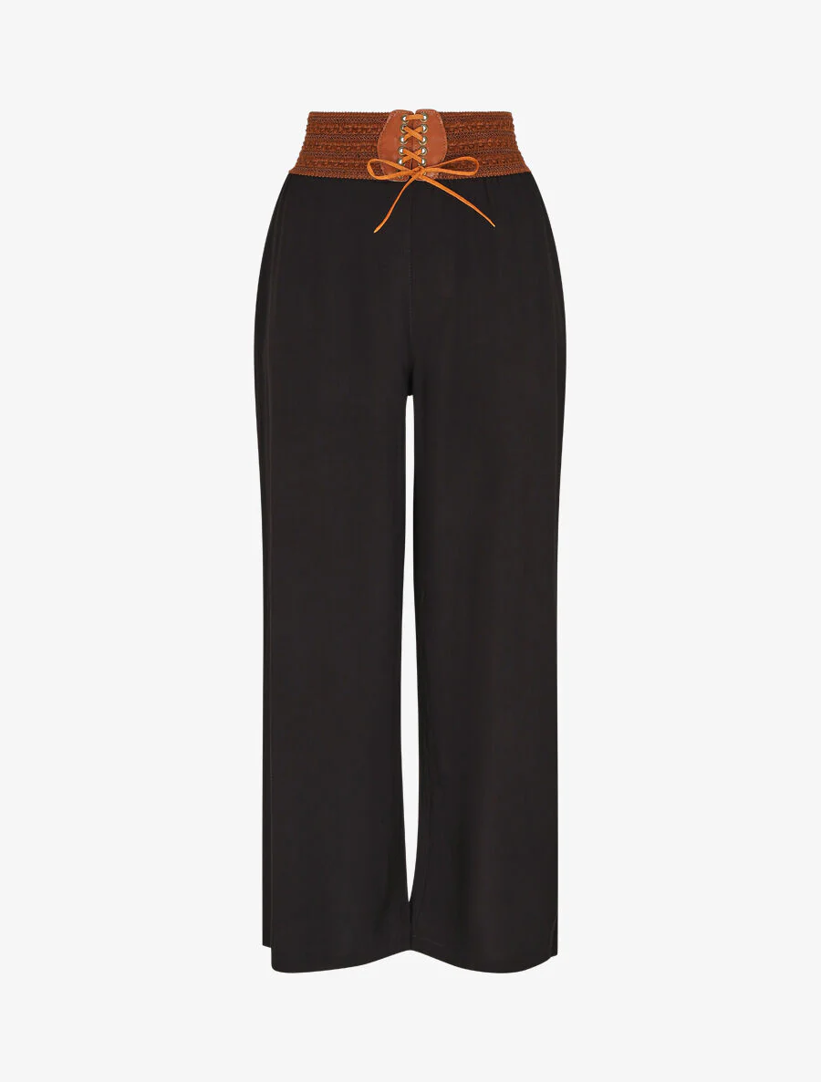 Pantalon uni taille haute style corset - Noir