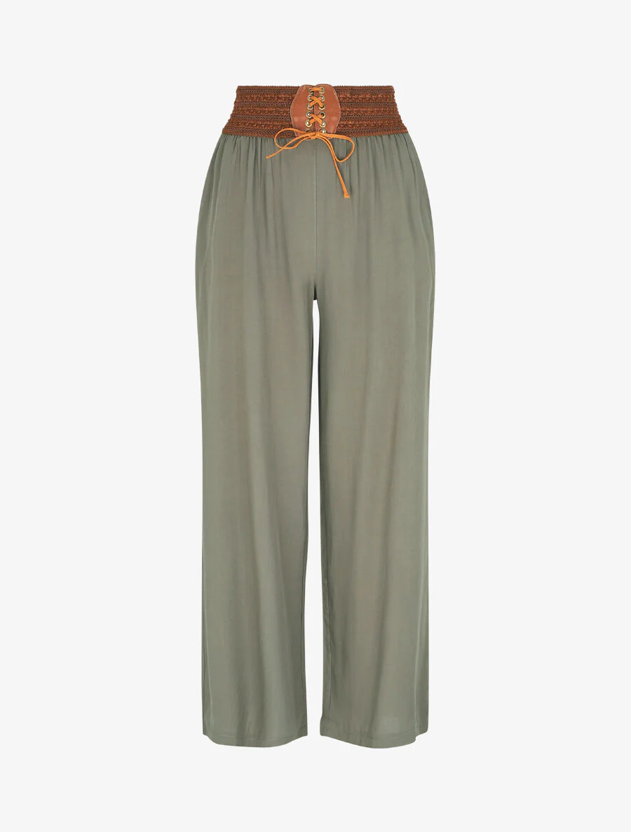 Pantalon uni taille haute style corset - Kaki