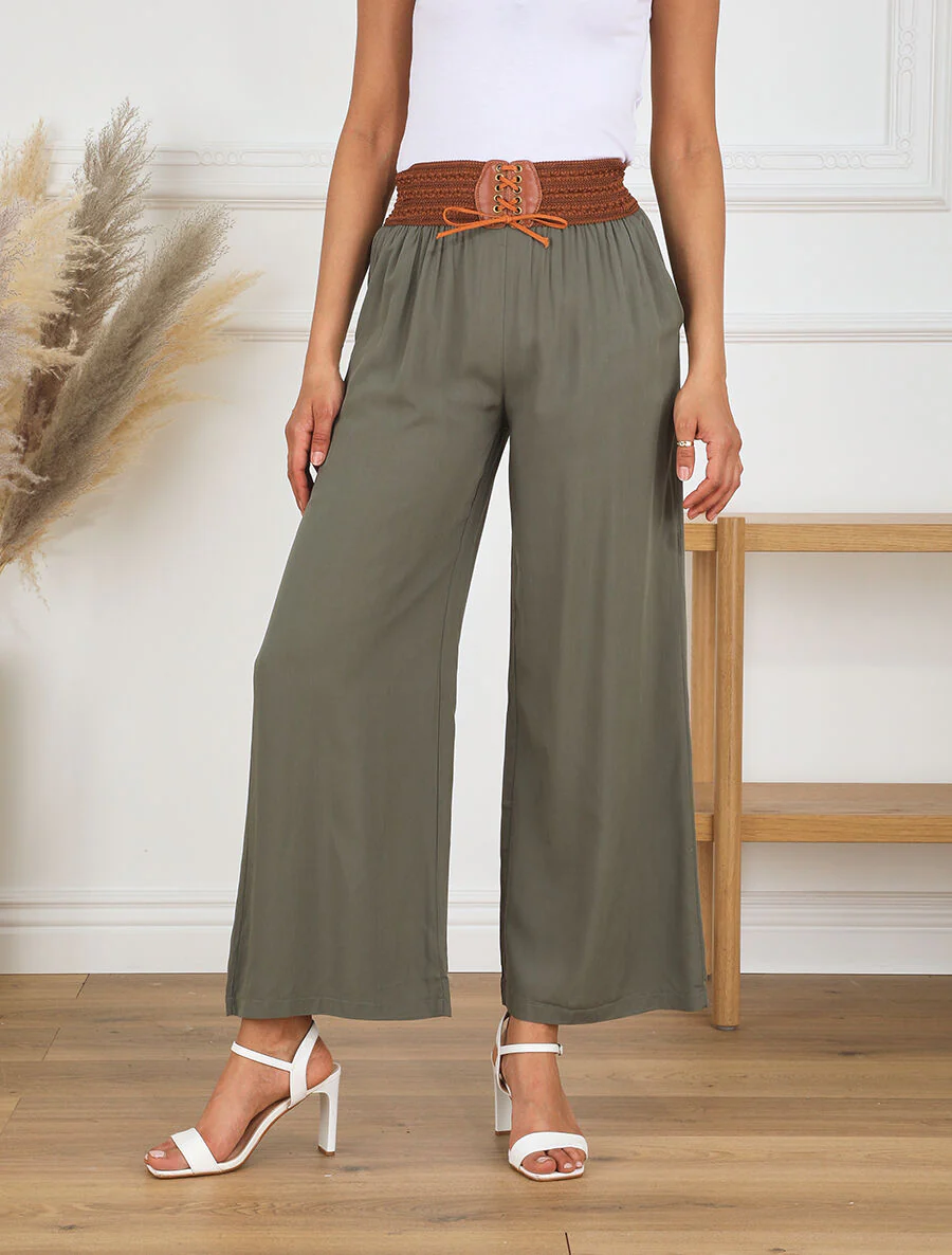 Pantalon uni taille haute style corset - Kaki - Image 4