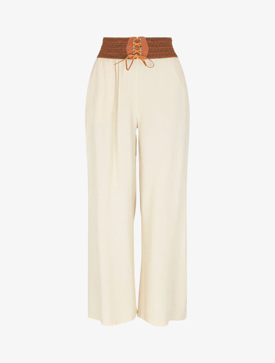 Pantalon uni taille haute style corset - Beige
