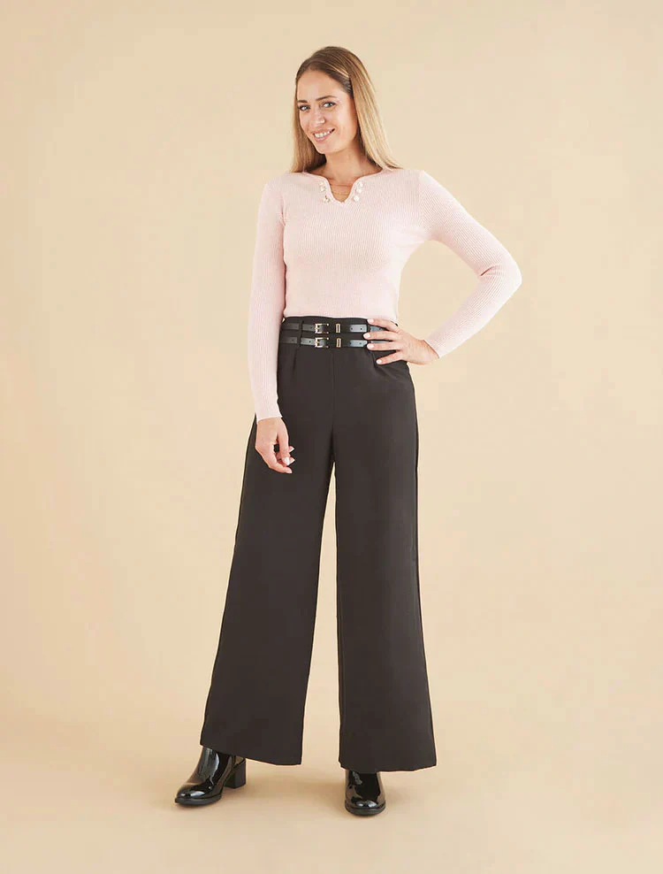 Pantalon wide leg à double ceintures - Noir - Image 4