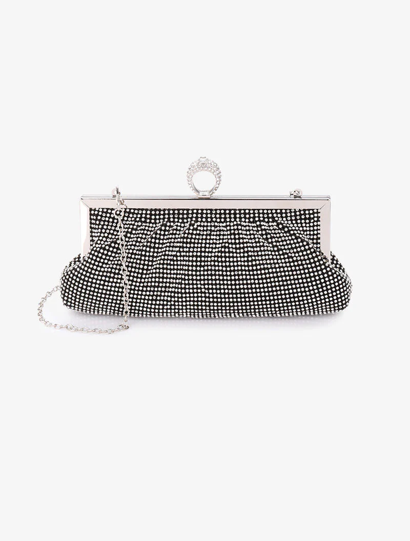 Pochette style bourse à strass et fermoir bague - Noir