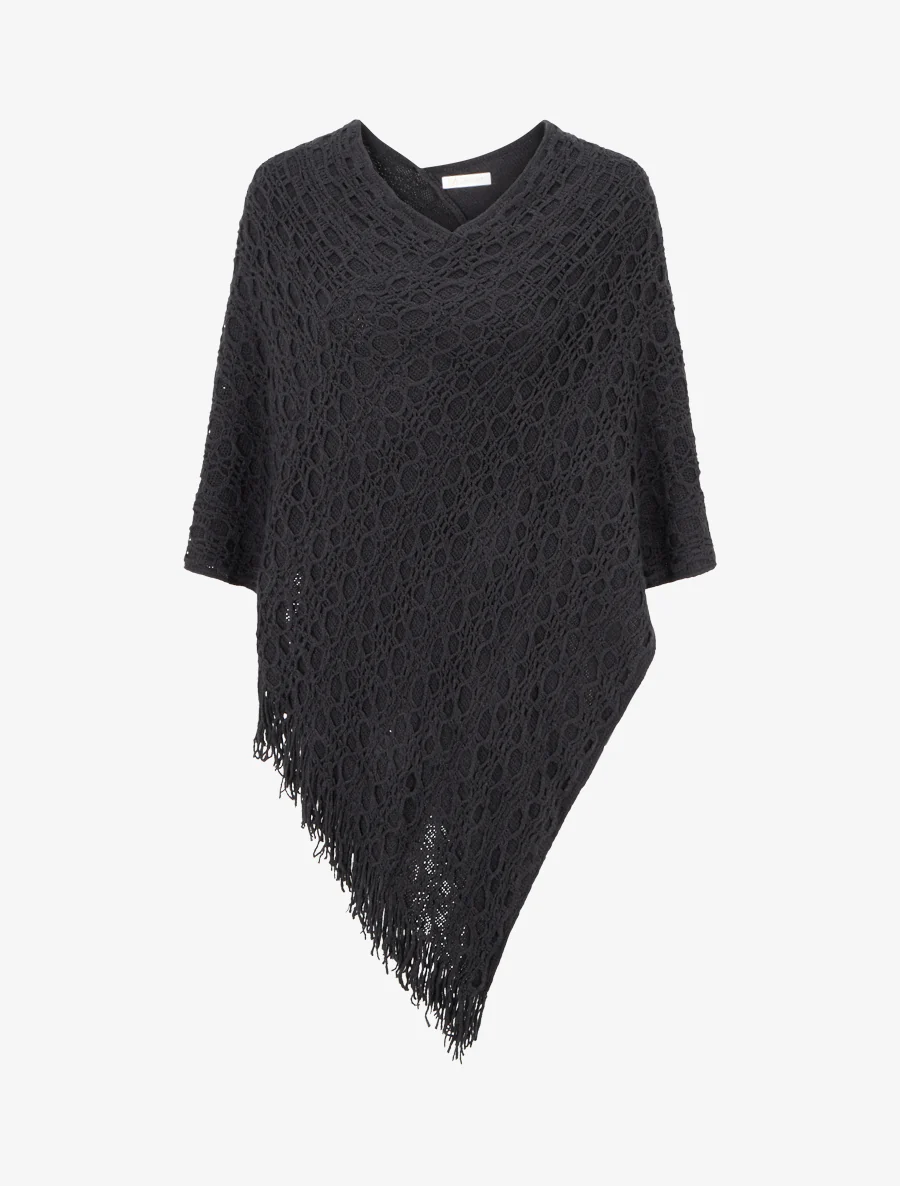 Poncho asymétrique uni à franges - Noir