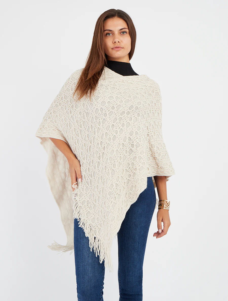 Poncho asymétrique uni à franges - Beige