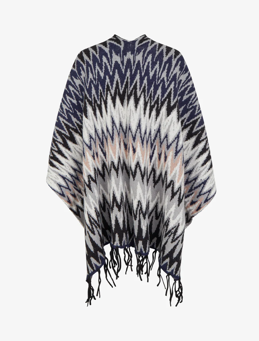 Poncho imprimé graphique à franges - Noir - Image 2