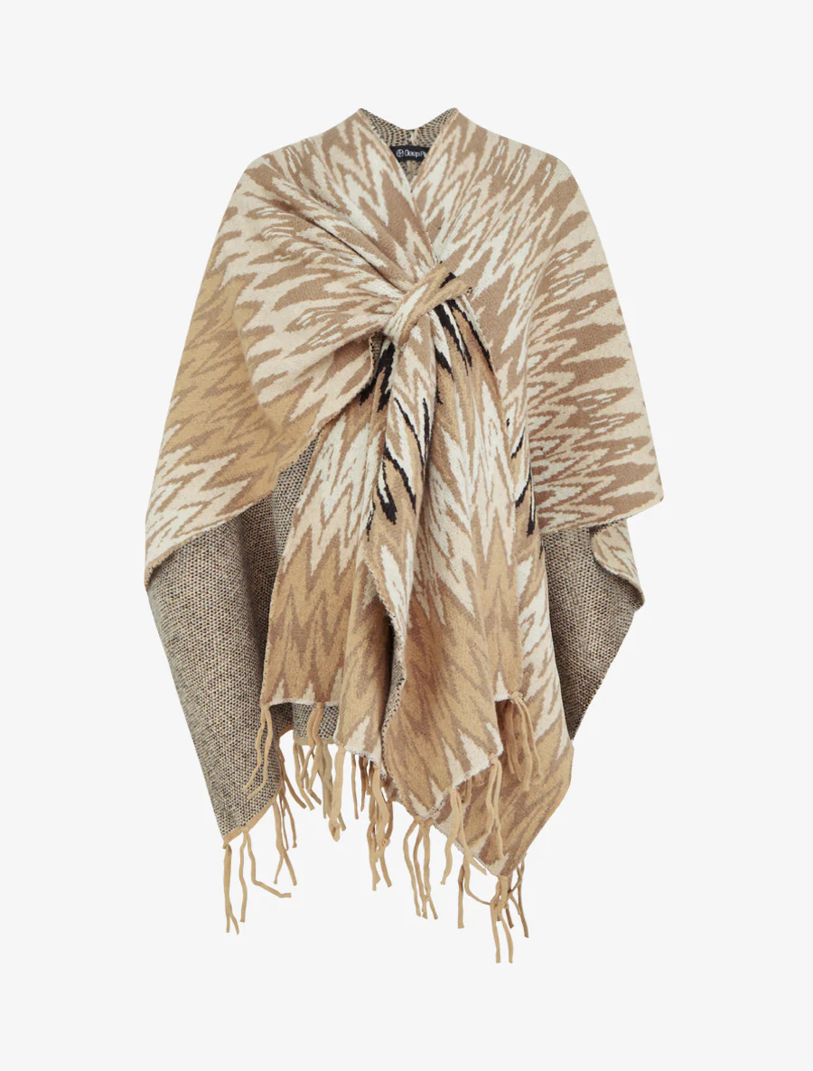 Poncho imprimé graphique à franges - Camel
