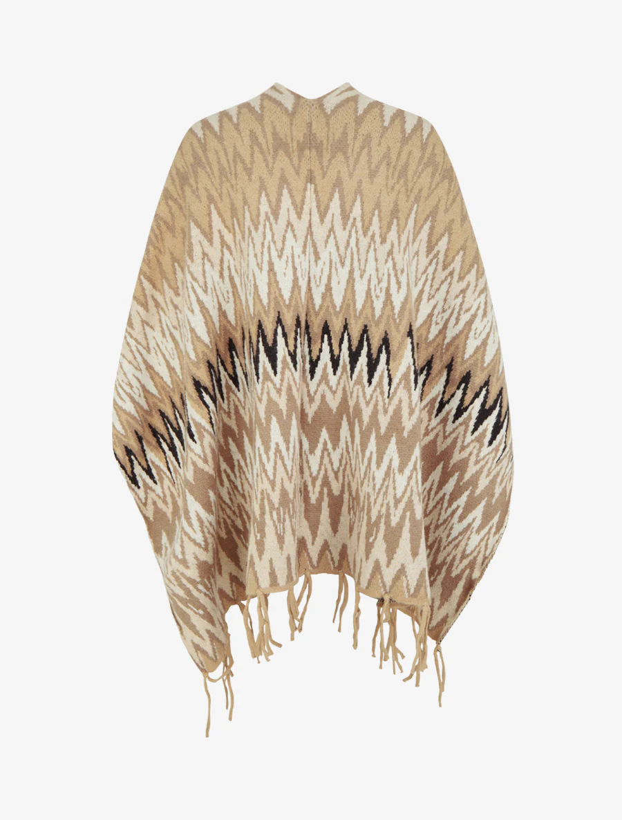 Poncho imprimé graphique à franges - Camel - Image 2