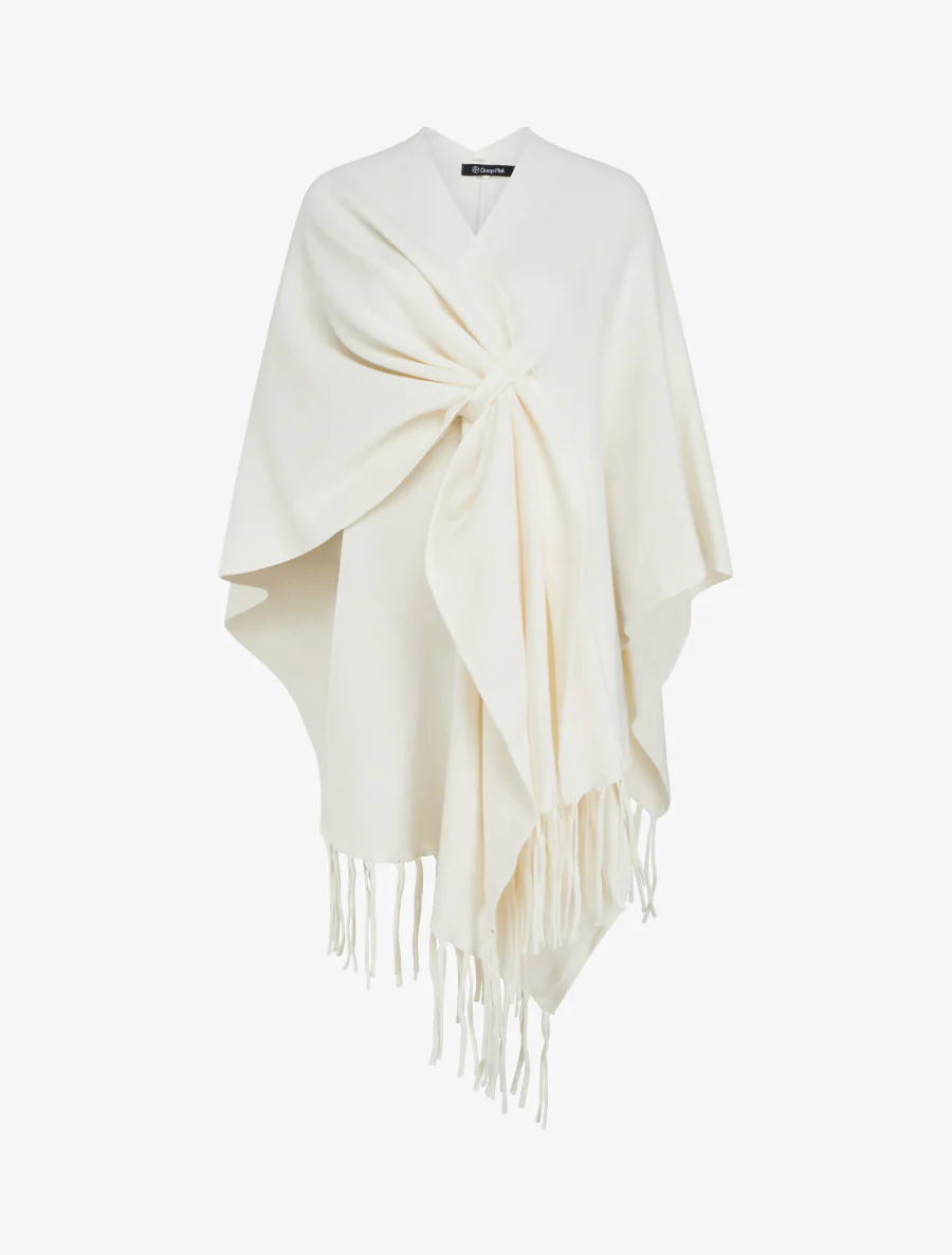 Poncho long uni à franges - Écru