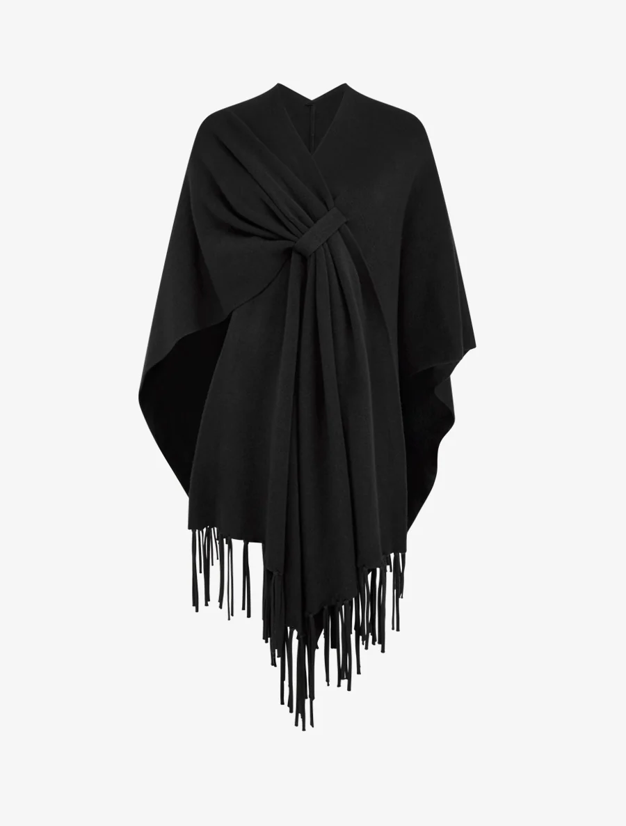 Poncho long uni à franges - Noir
