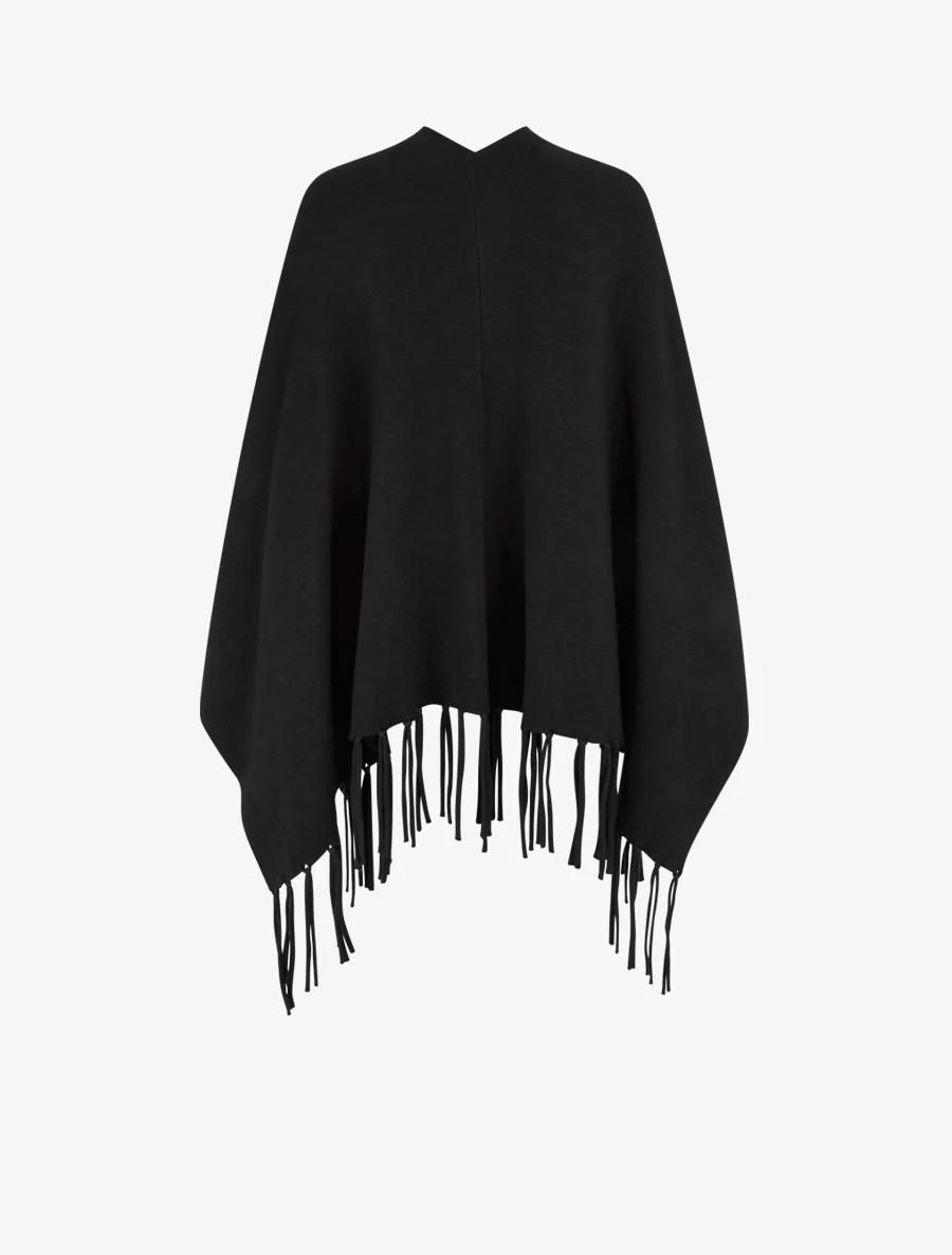 Poncho long uni à franges - Noir - Image 2