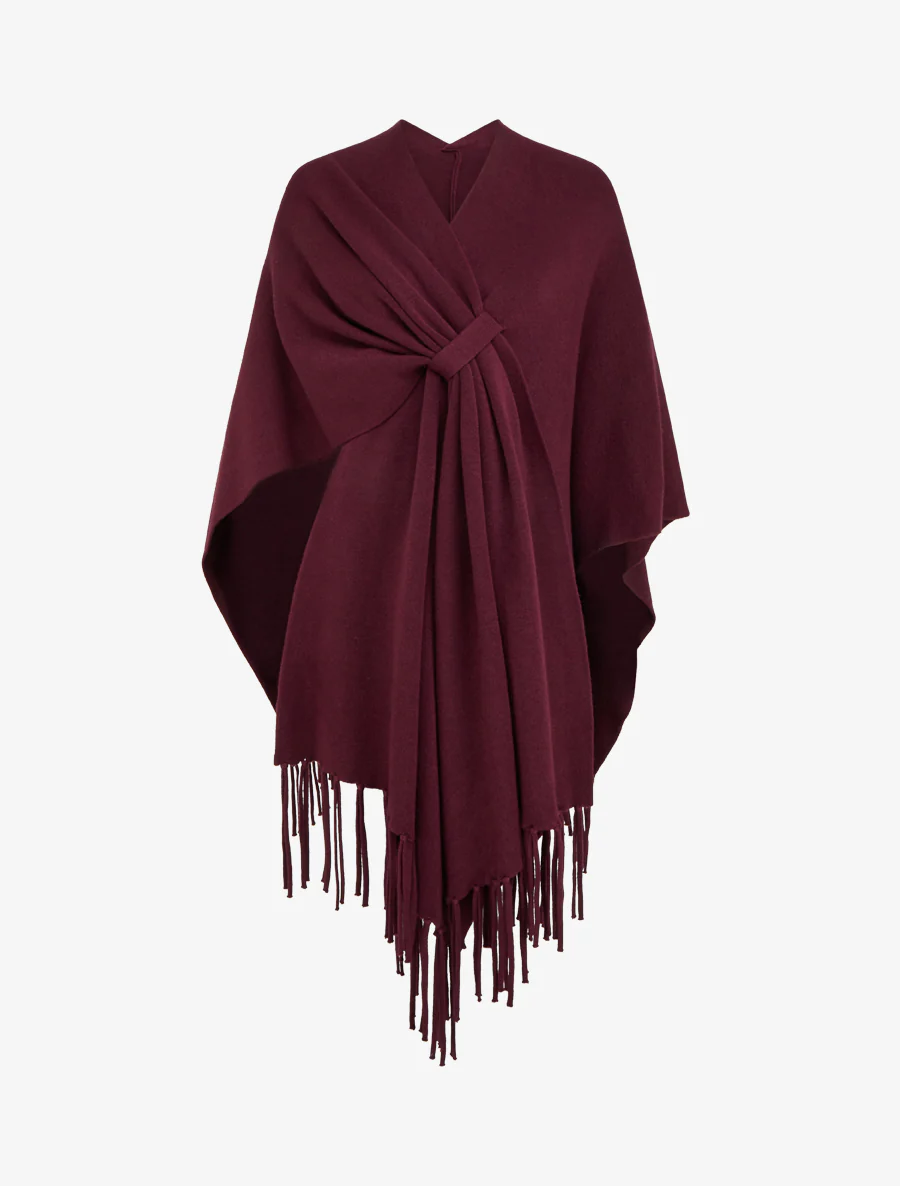 Poncho long uni à franges - Prune