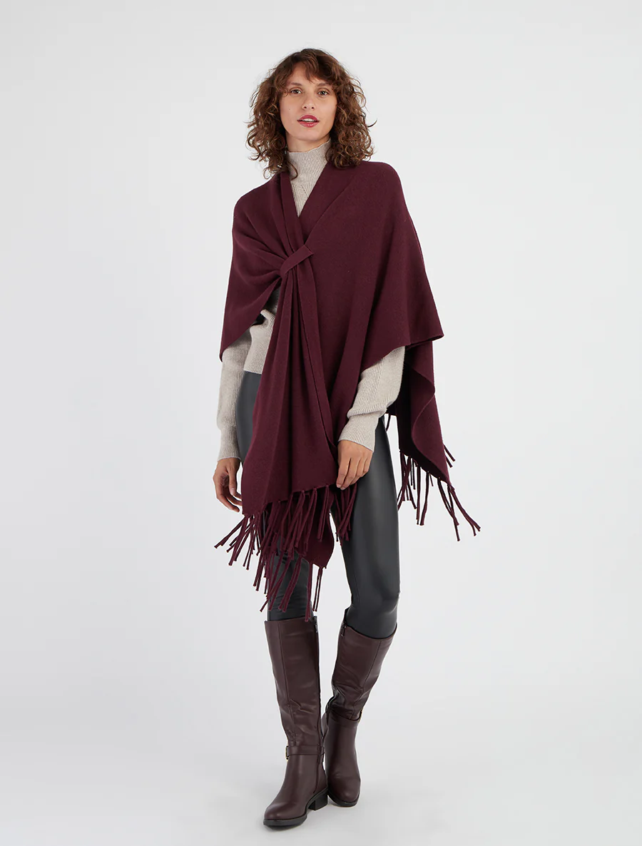 Poncho long uni à franges - Prune - Image 4