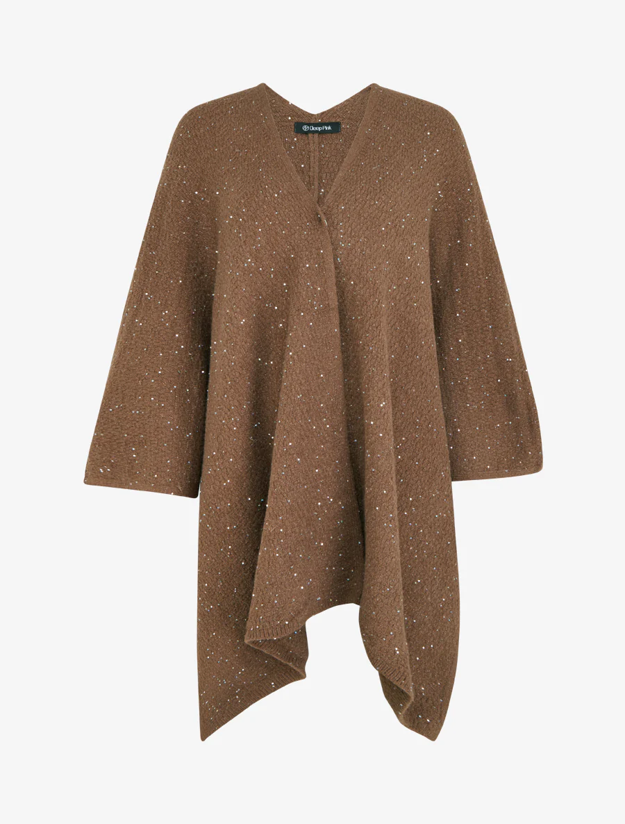 Poncho long uni à sequins - Marron
