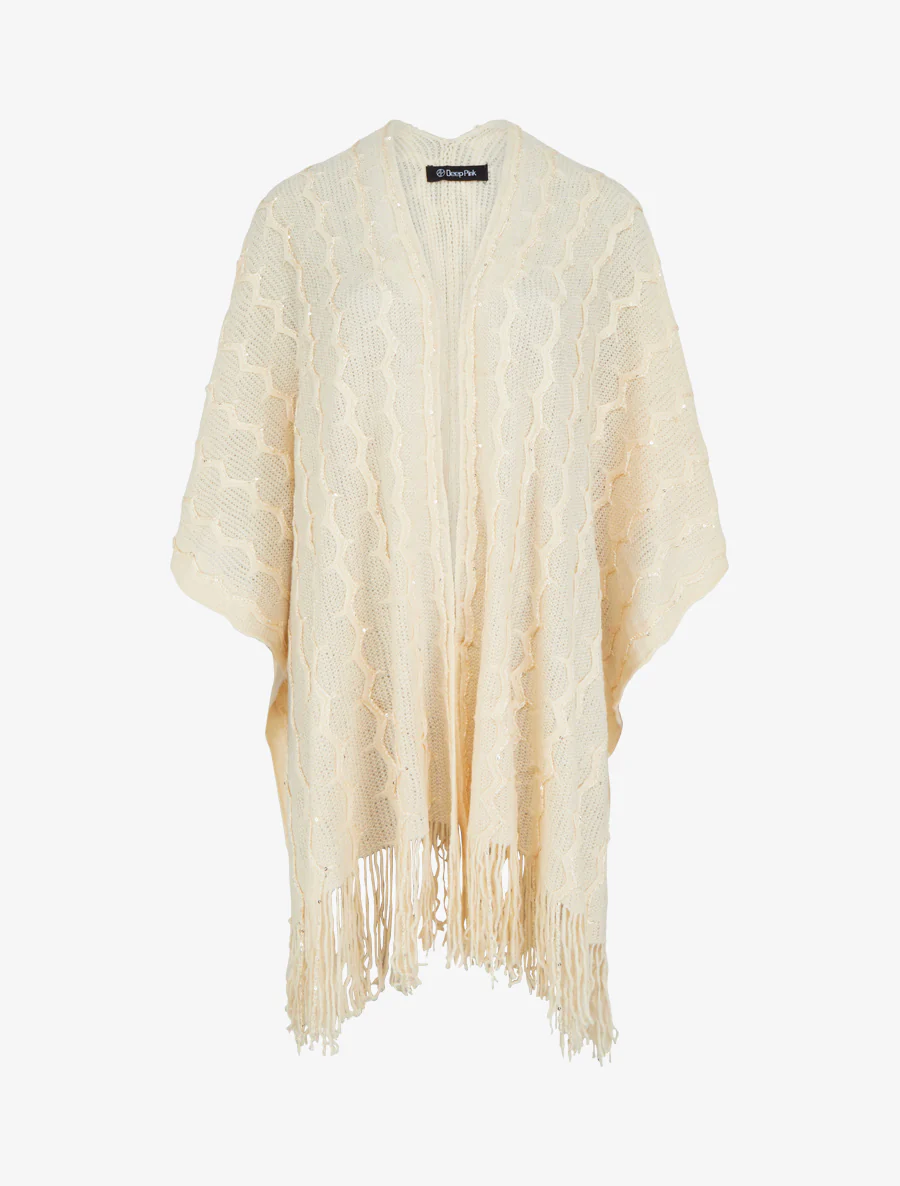 Poncho mi-long uni à franges et sequins - Beige