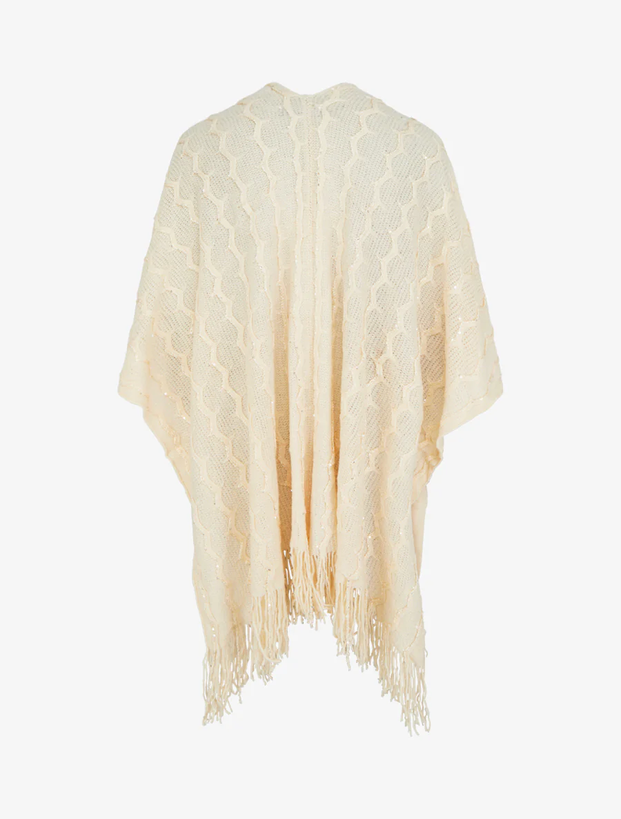 Poncho mi-long uni à franges et sequins - Beige - Image 2