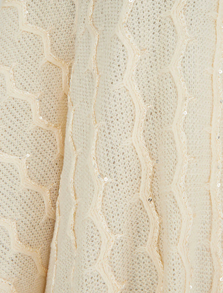 Poncho mi-long uni à franges et sequins - Beige - Image 3
