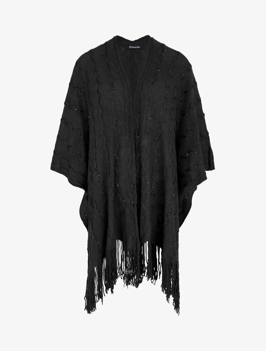 Poncho mi-long uni à franges et sequins - Noir