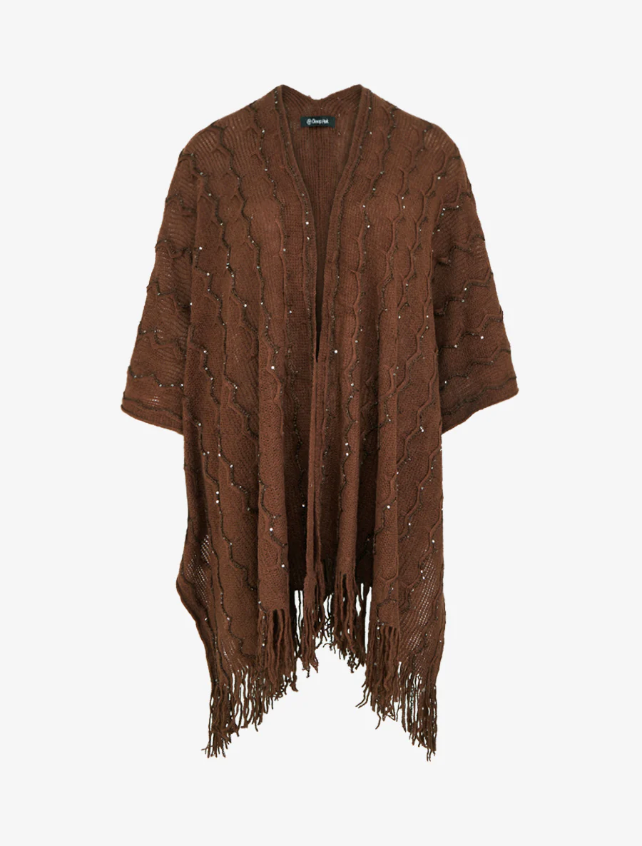 Poncho mi-long uni à franges et sequins - Marron