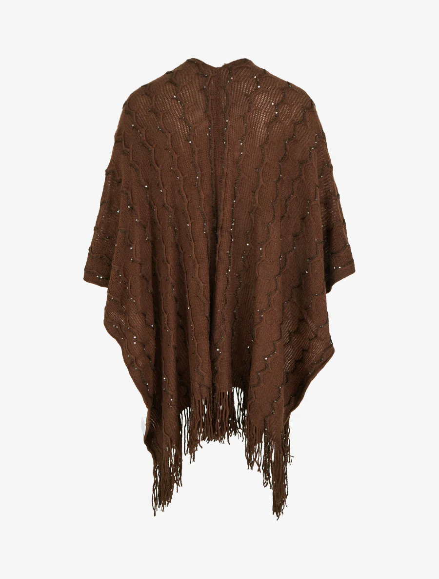 Poncho mi-long uni à franges et sequins - Marron - Image 2