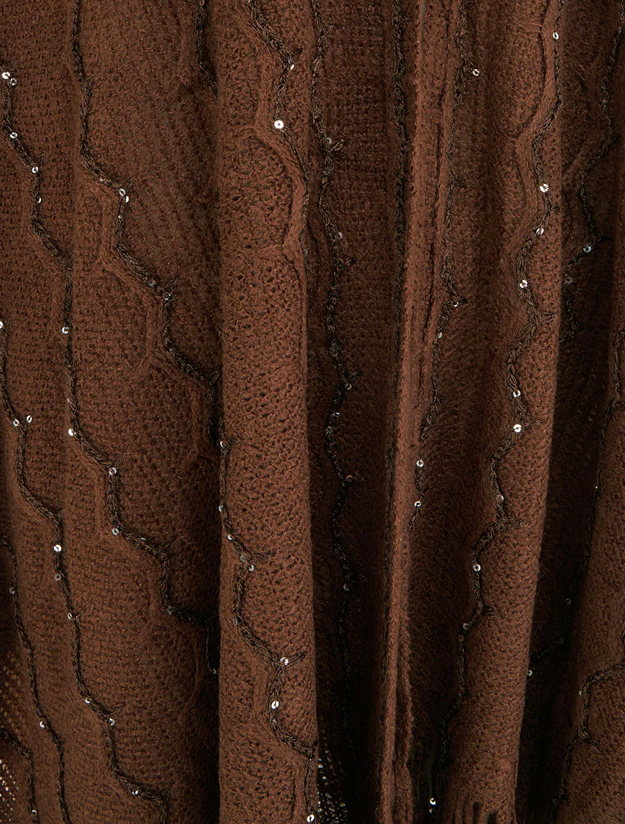 Poncho mi-long uni à franges et sequins - Marron - Image 3