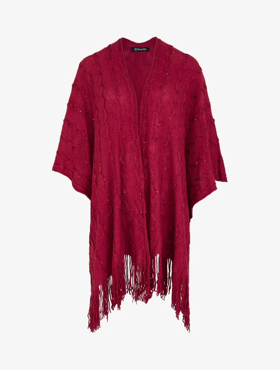 Poncho mi-long uni à franges et sequins - Lie de vin