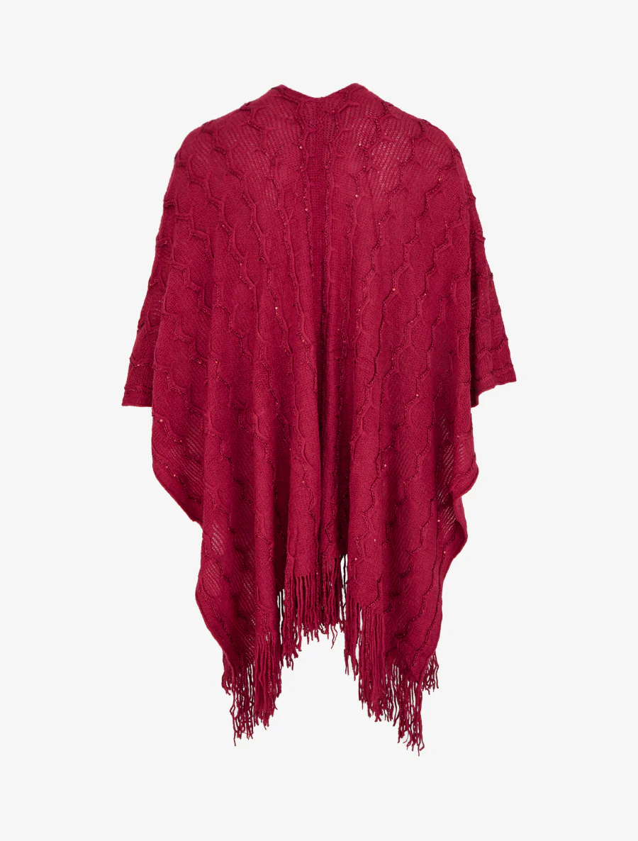 Poncho mi-long uni à franges et sequins - Lie de vin - Image 2