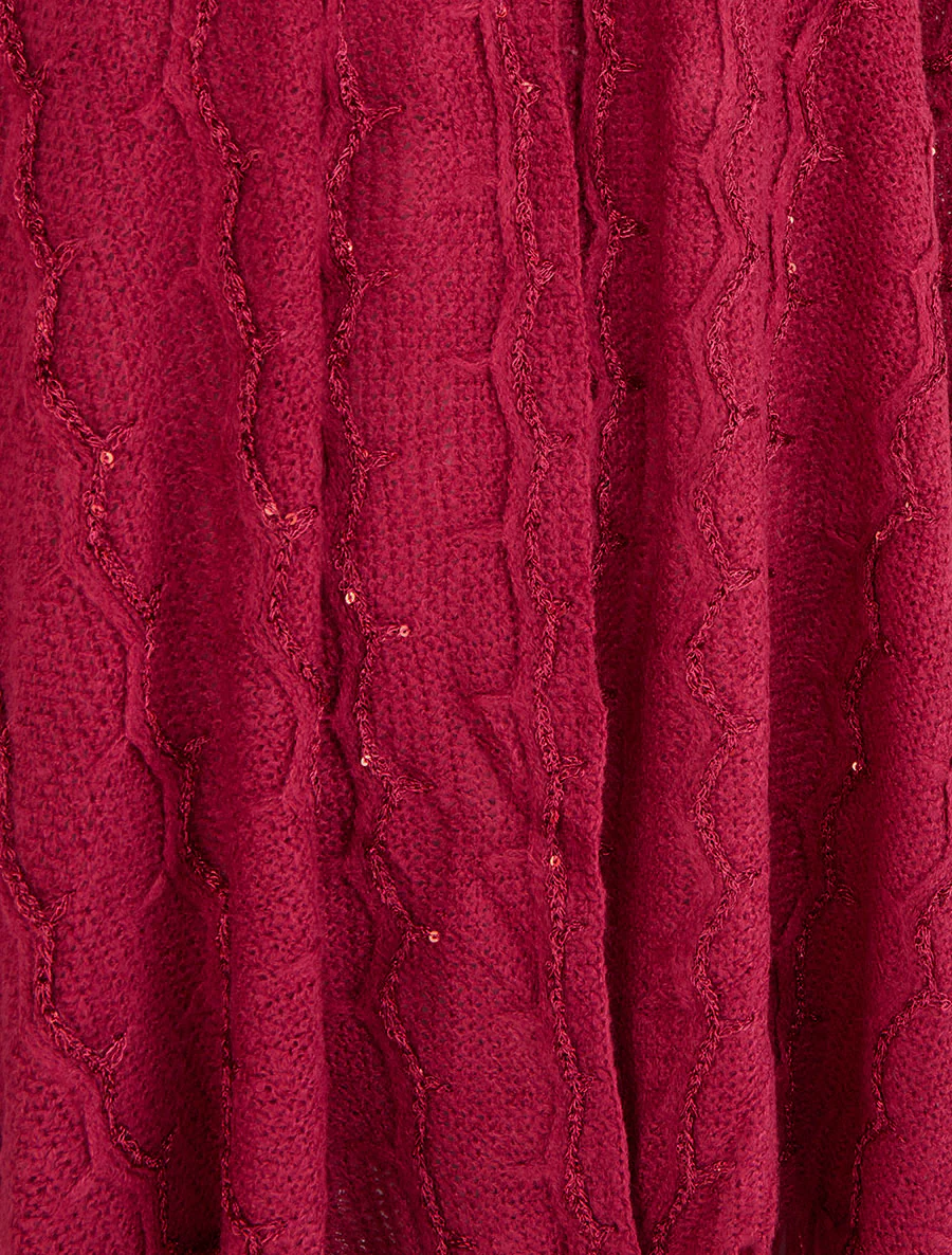Poncho mi-long uni à franges et sequins - Lie de vin - Image 3