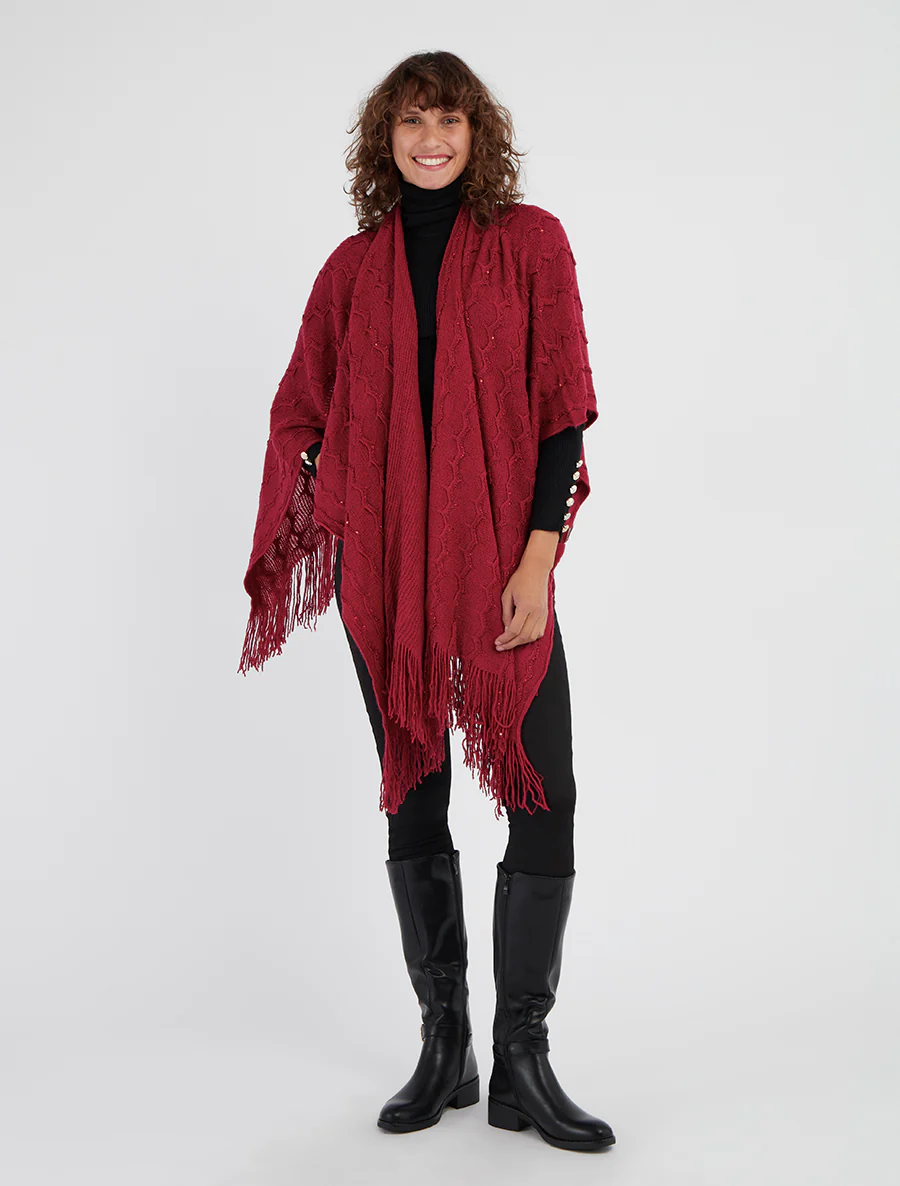 Poncho mi-long uni à franges et sequins - Lie de vin - Image 4