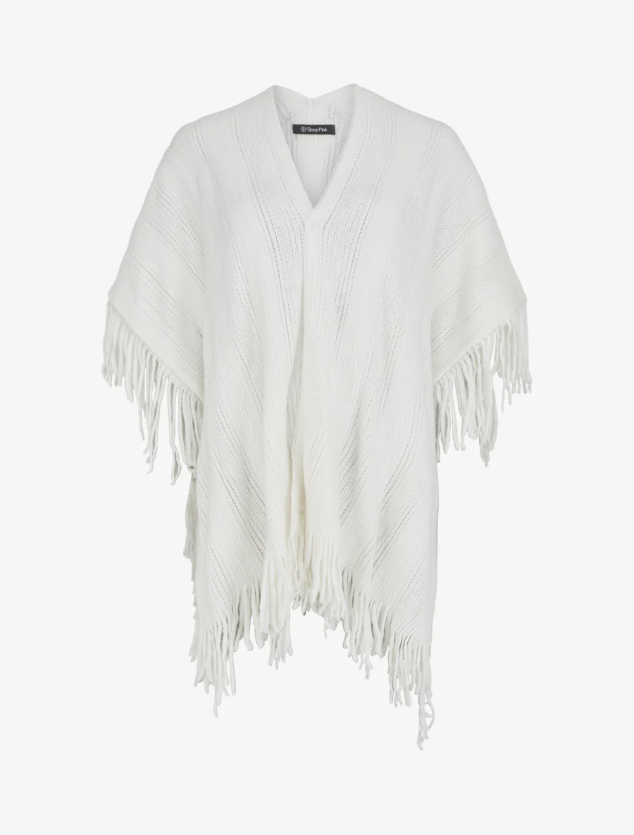 Poncho mi-long uni à franges - Blanc