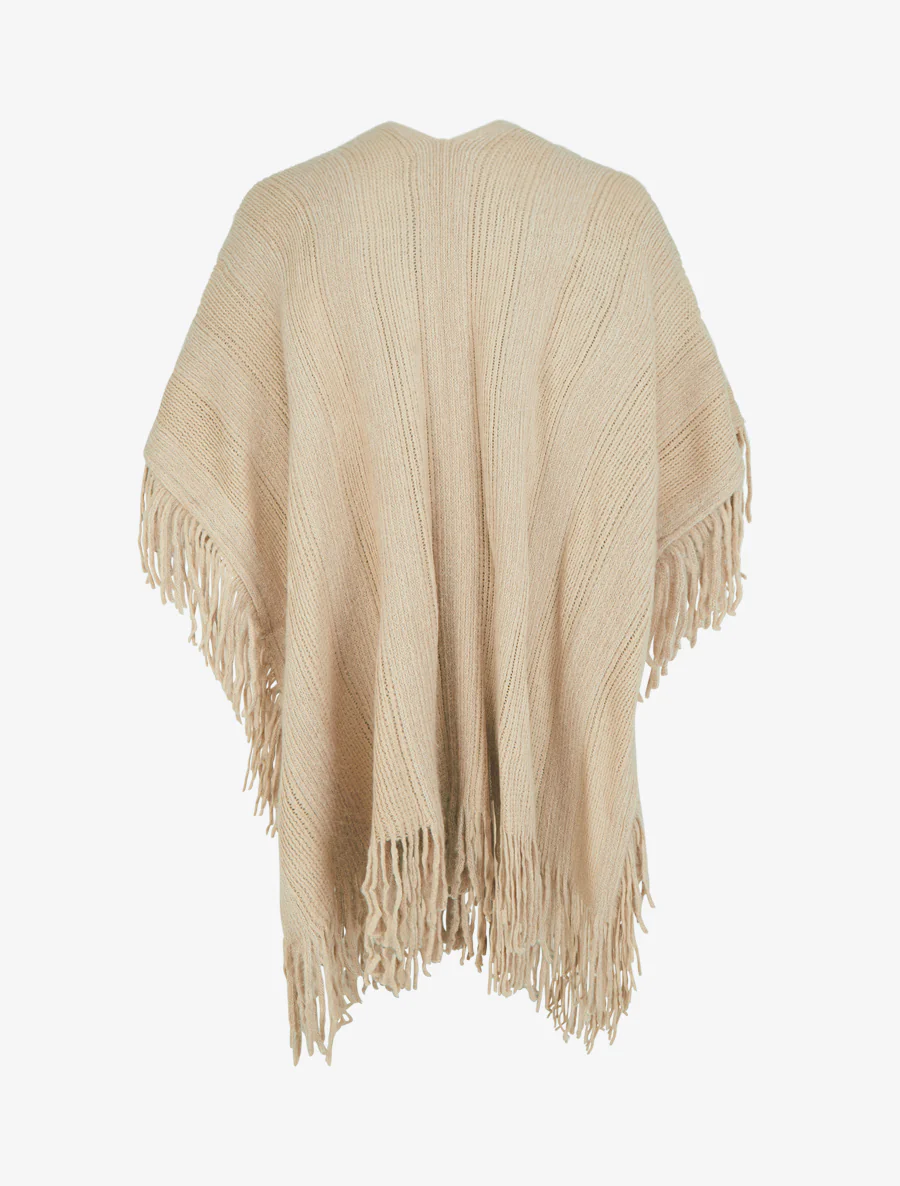 Poncho mi-long uni à franges - Beige - Image 2
