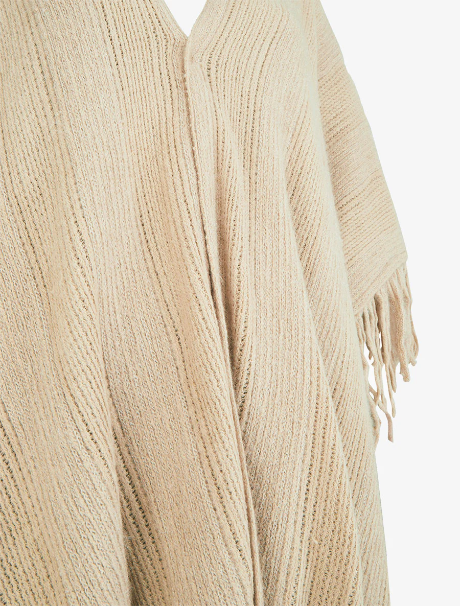 Poncho mi-long uni à franges - Beige - Image 3