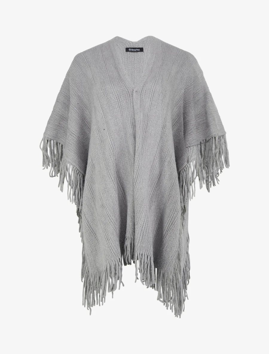 Poncho mi-long uni à franges - Gris