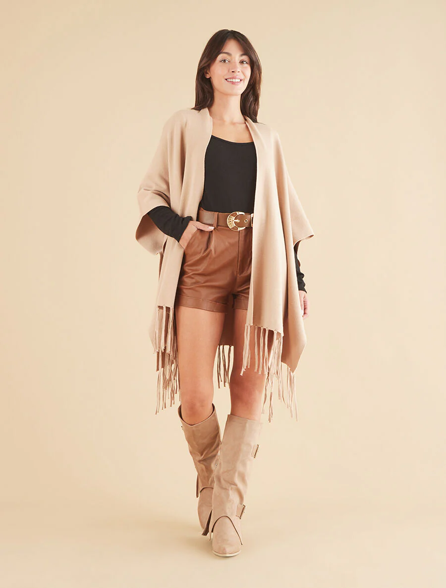 Poncho uni et franges - Camel - Image 4