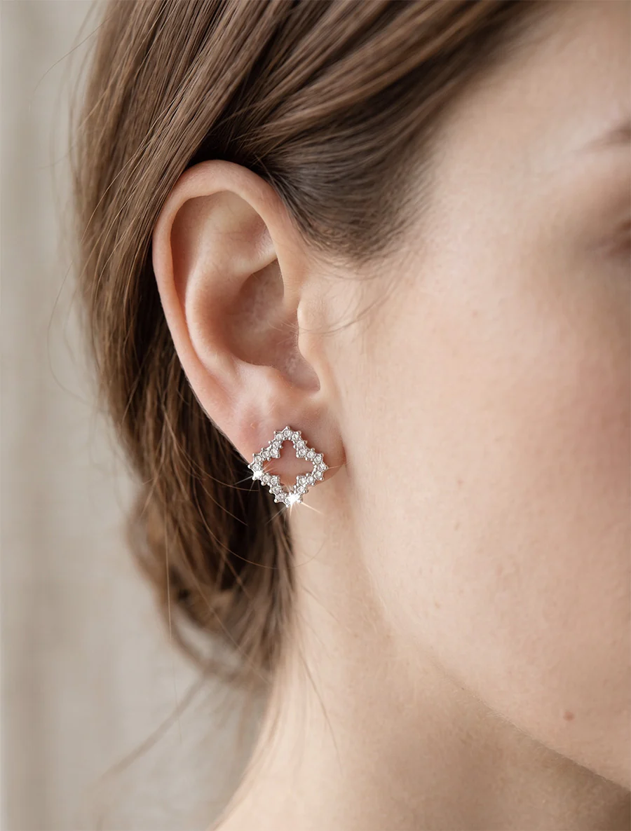 Puces d'oreille motif trèfle à strass - Argent
