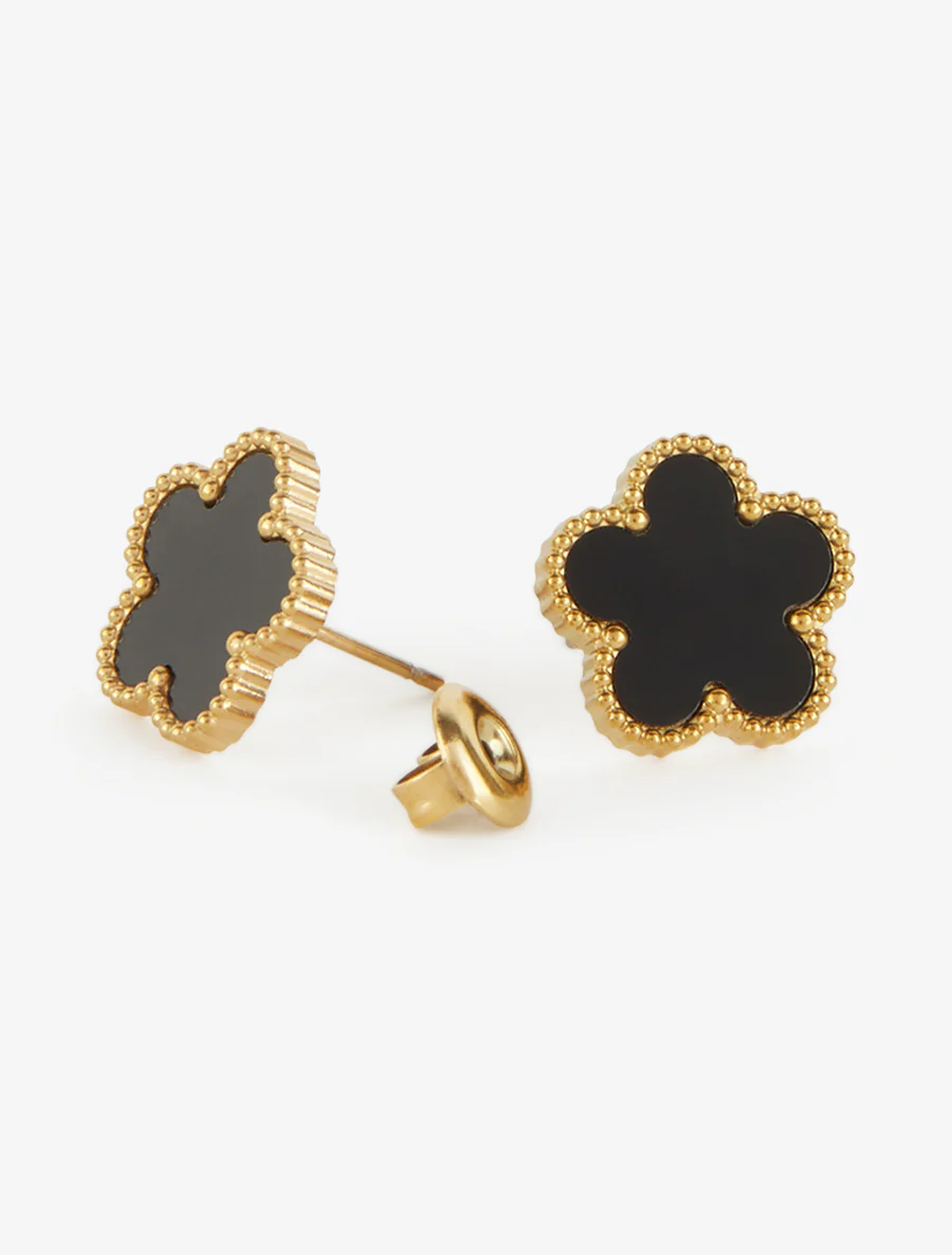 Puces d'oreilles fleurs émail noir - Or - Image 3