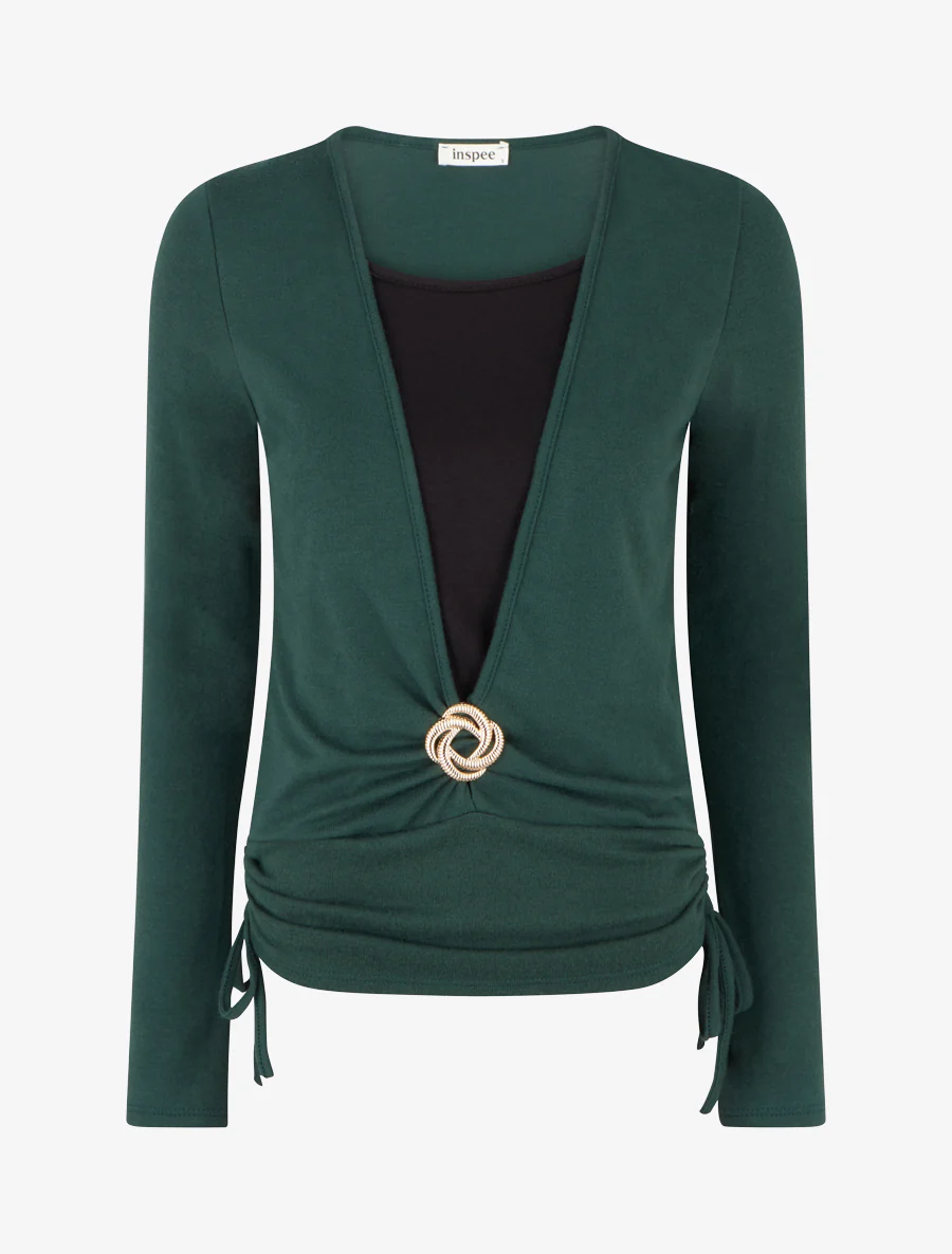 Pull à bords froncés et boucle décorative - Vert foncé