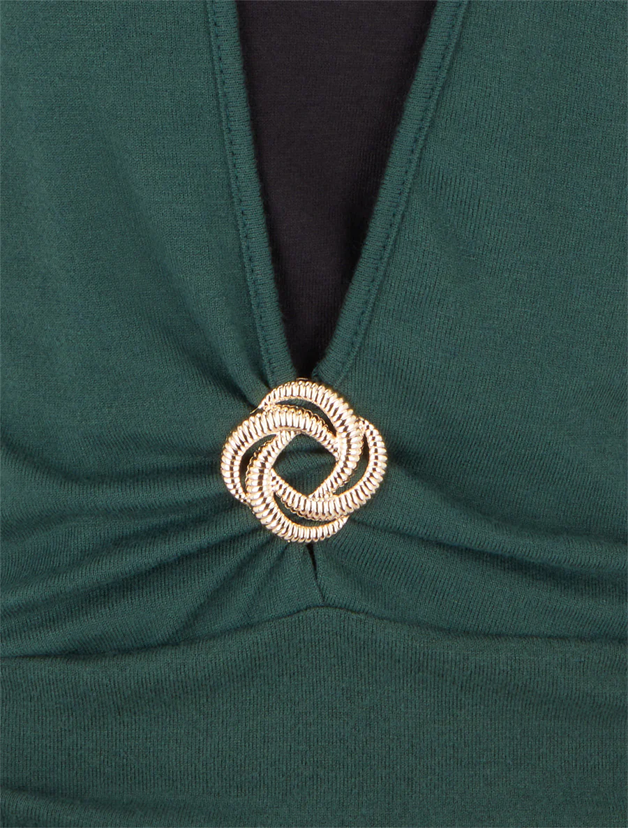 Pull à bords froncés et boucle décorative - Vert foncé - Image 3