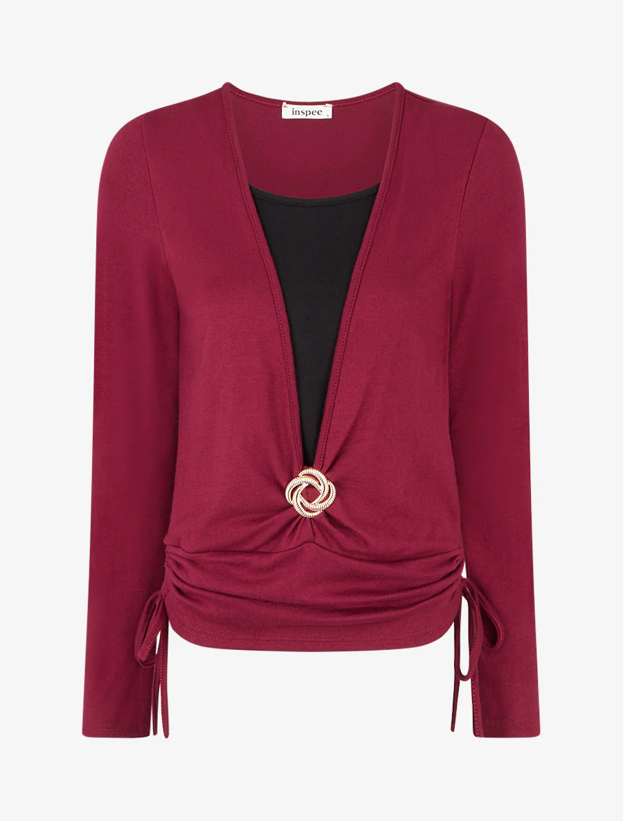 Pull à bords froncés et boucle décorative - Lie de vin