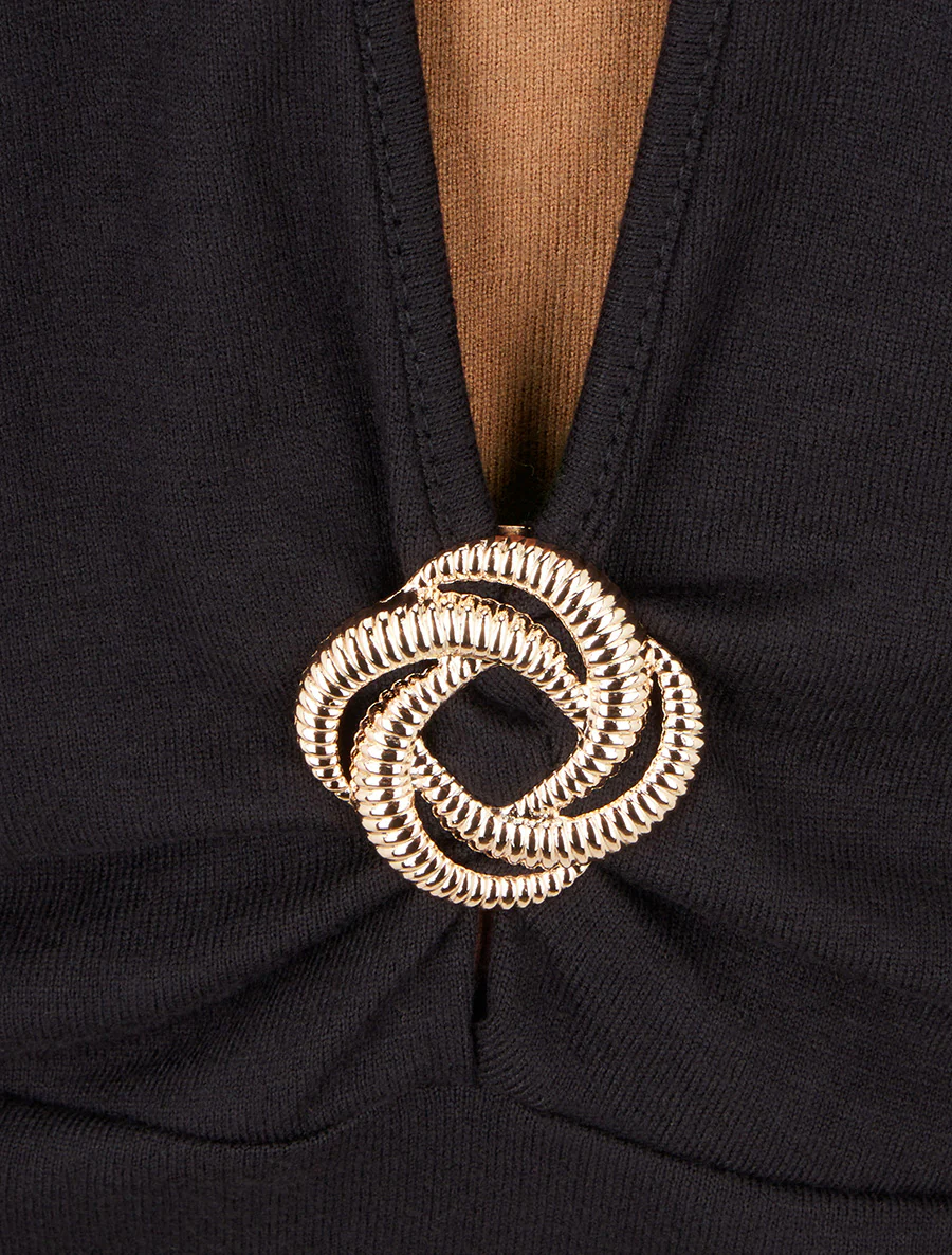 Pull à bords froncés et boucle décorative - Noir - Image 3