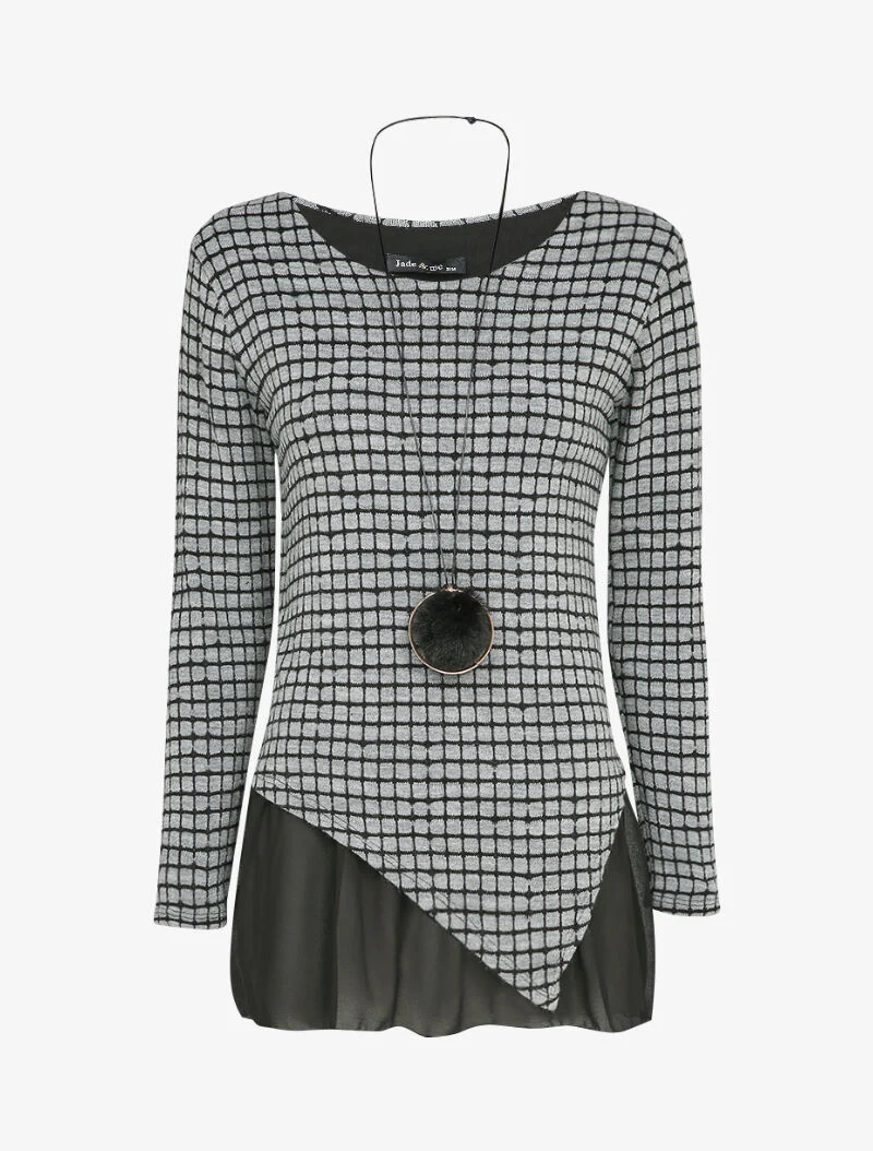 Pull à carreaux et bords asymétriques à détail voile - Gris clair