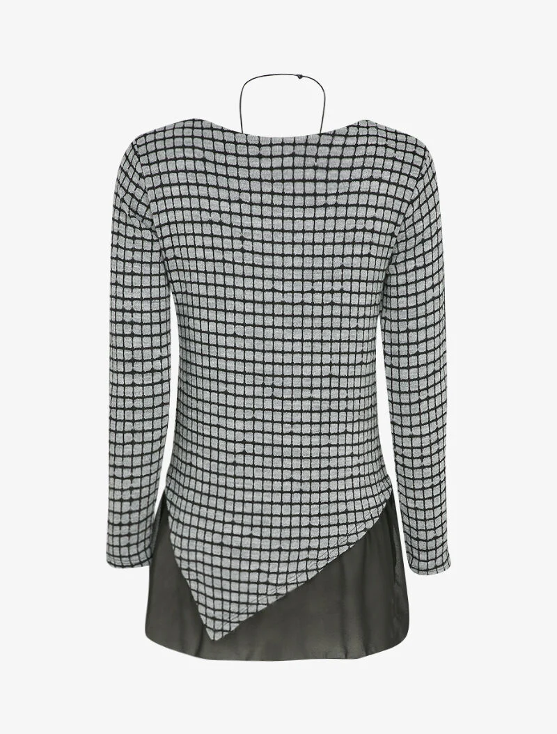 Pull à carreaux et bords asymétriques à détail voile - Gris clair - Image 2