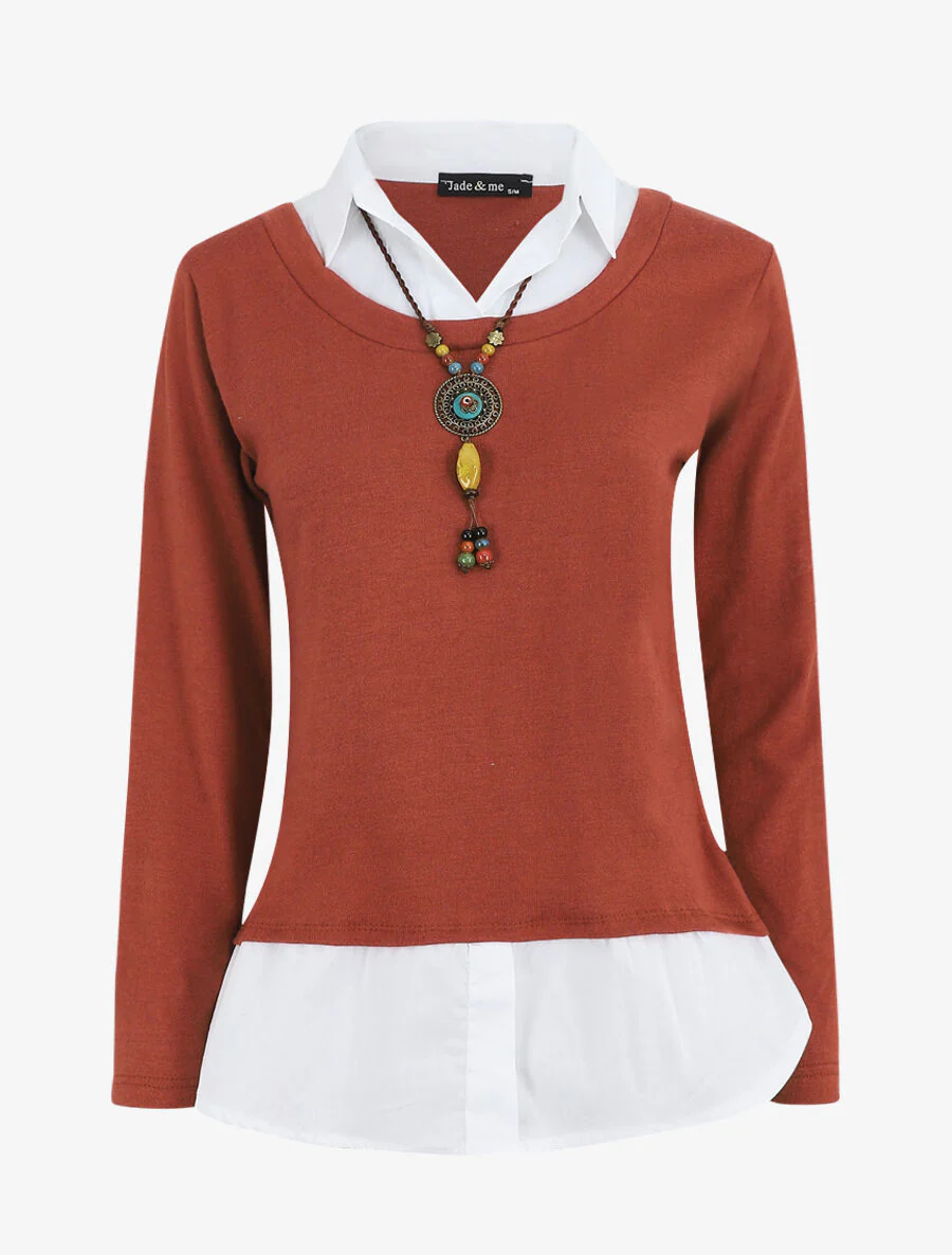 Pull à chemise superposée - Terre de sienne