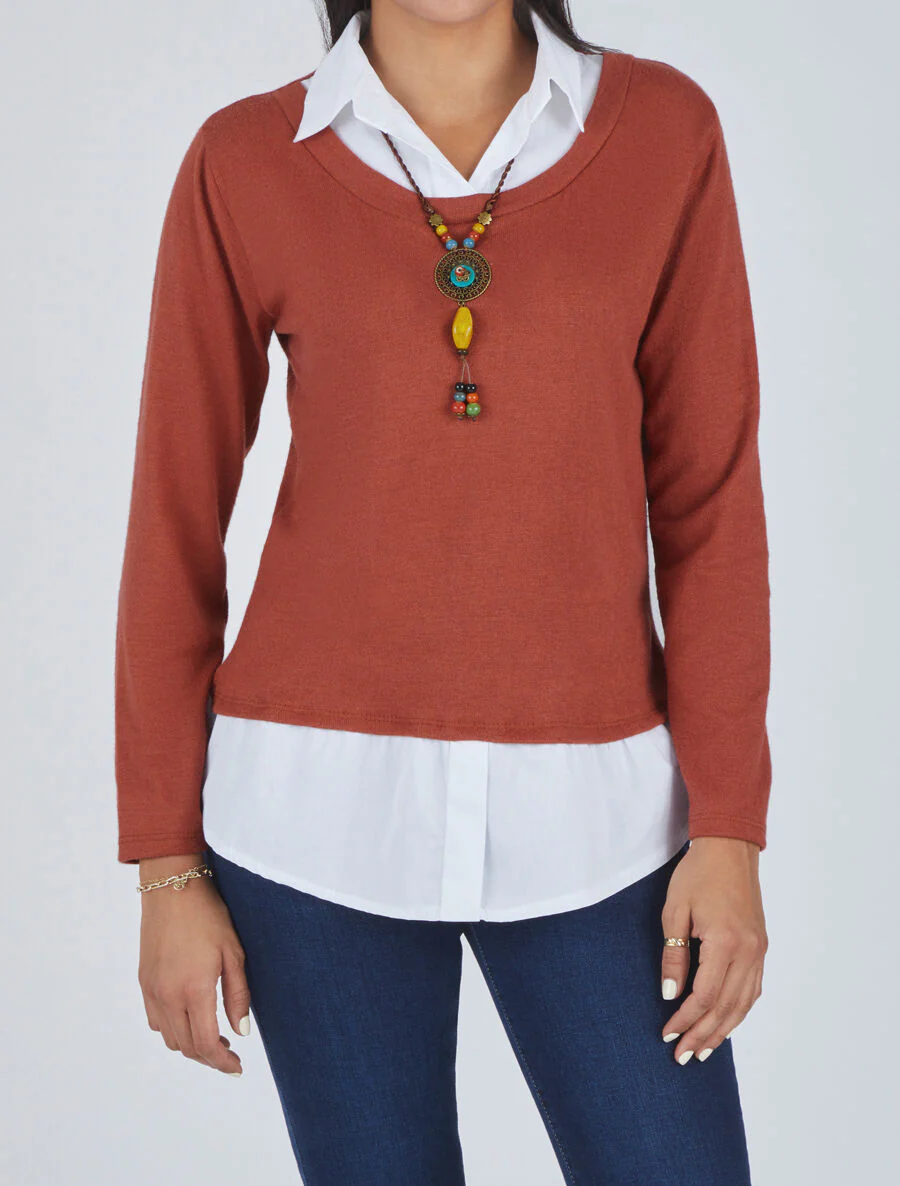 Pull à chemise superposée - Terre de sienne - Image 4
