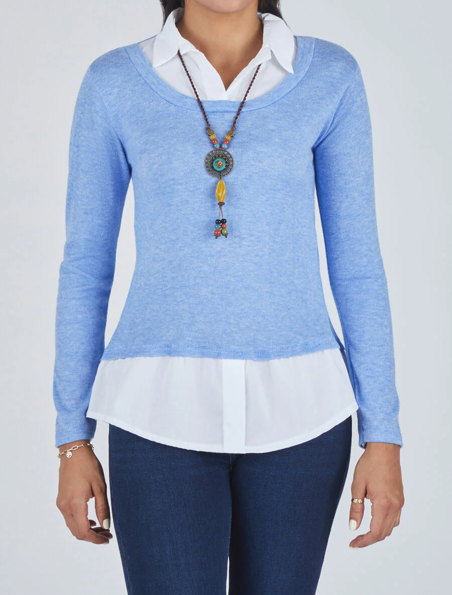 Pull à chemise superposée - Bleu ciel - Image 4