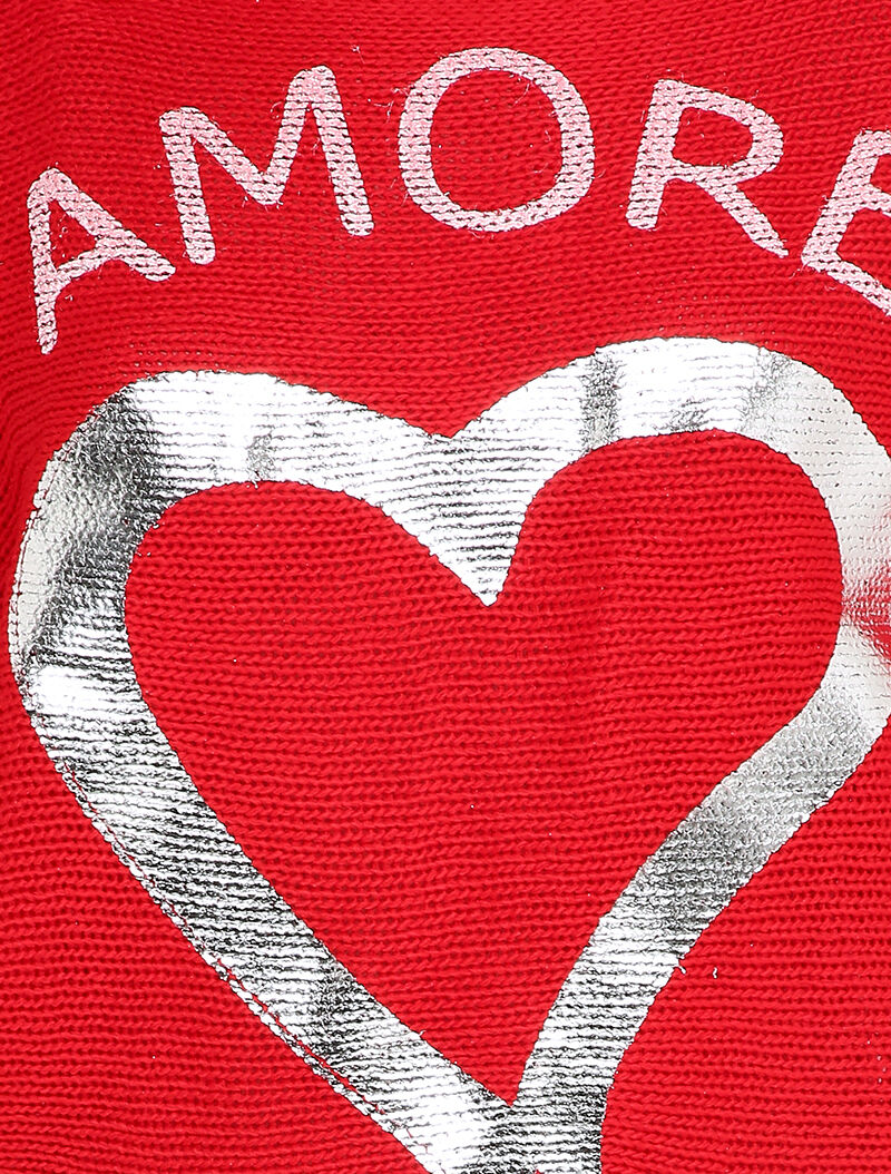 Pull à col bateau à motifs coeur et inscription lamés - Rouge - Image 3