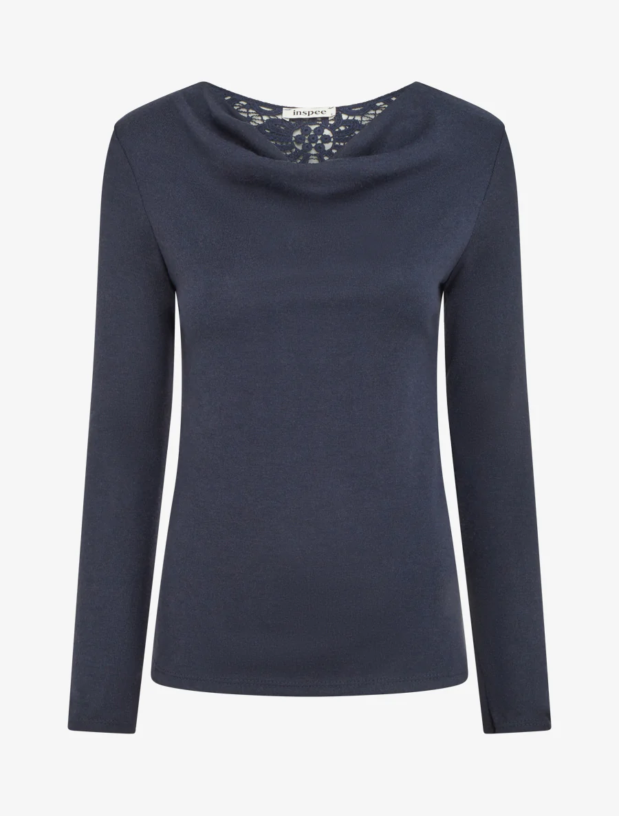 Pull à col bénitier et dos en crochet - Marine