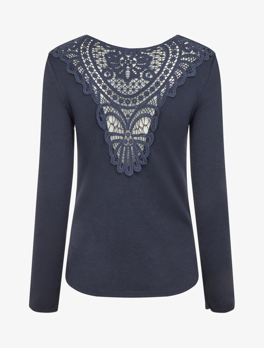 Pull à col bénitier et dos en crochet - Marine - Image 2