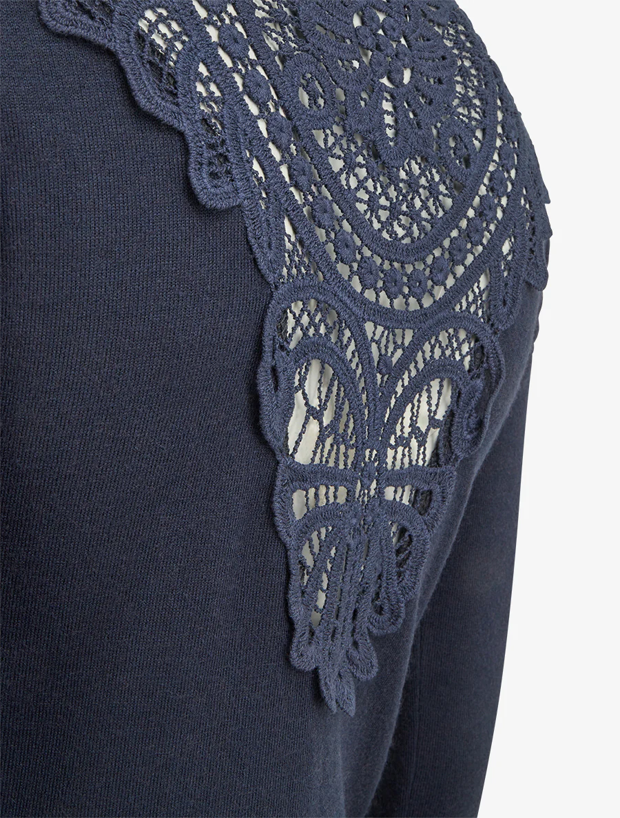 Pull à col bénitier et dos en crochet - Marine - Image 3