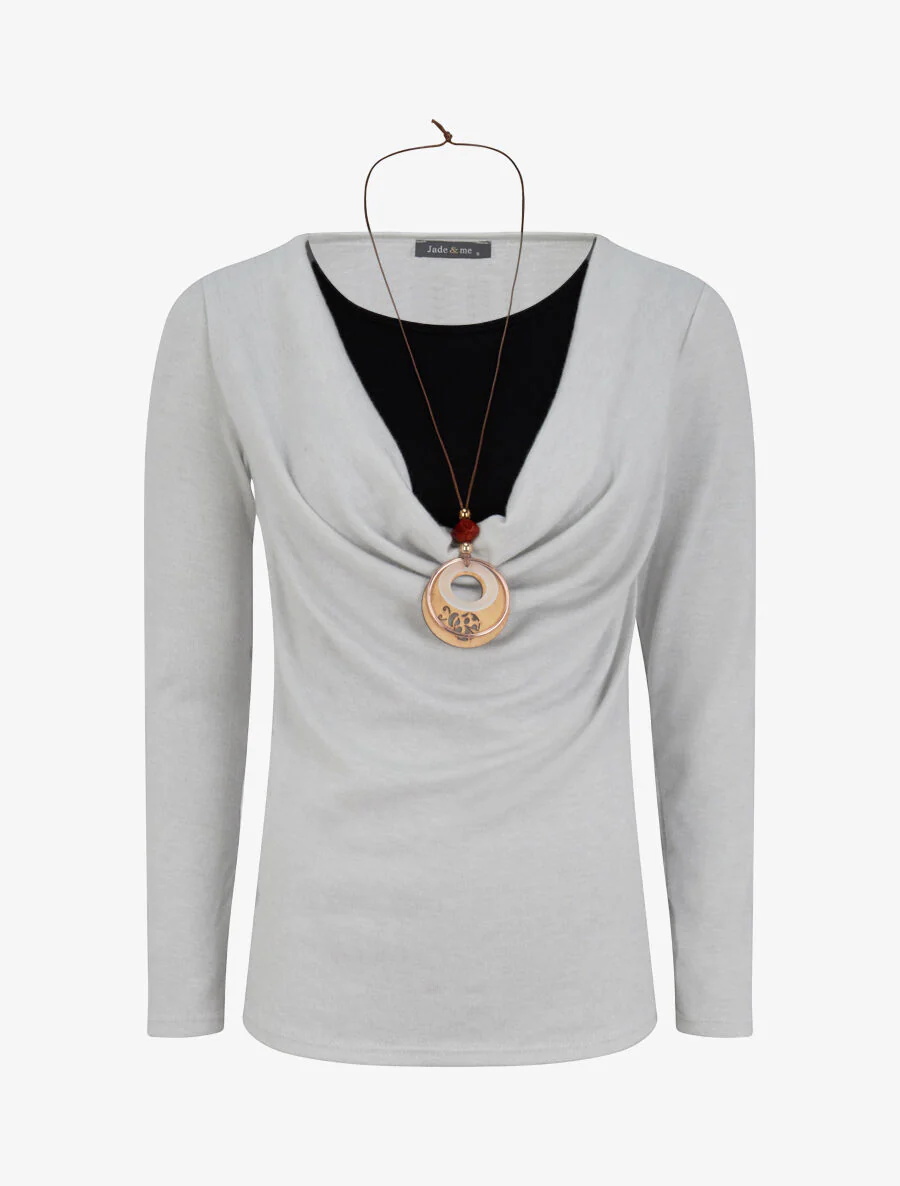 Pull à col bénitier et t-shirt en trompe l'oeil - Gris clair