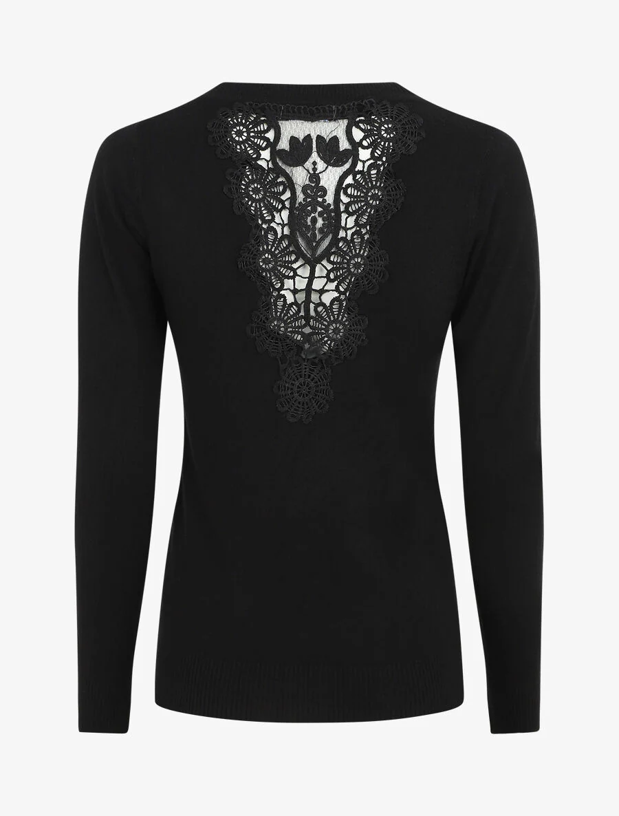 Pull à col rond et dos en dentelle - Noir